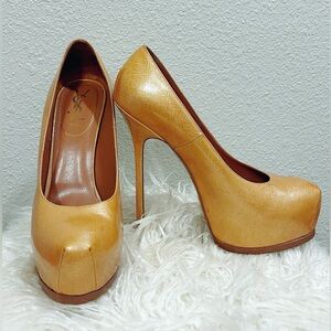YSL Yves Saint Laurent High Heel Tribtoo Pumps Beige Tan Stiletto Sz 41